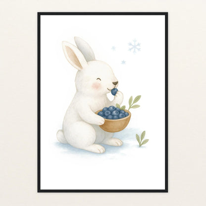 Sina der Schneehase - Motiv: "Blaubeeren" Poster mit Holzrahmen von tinylearner