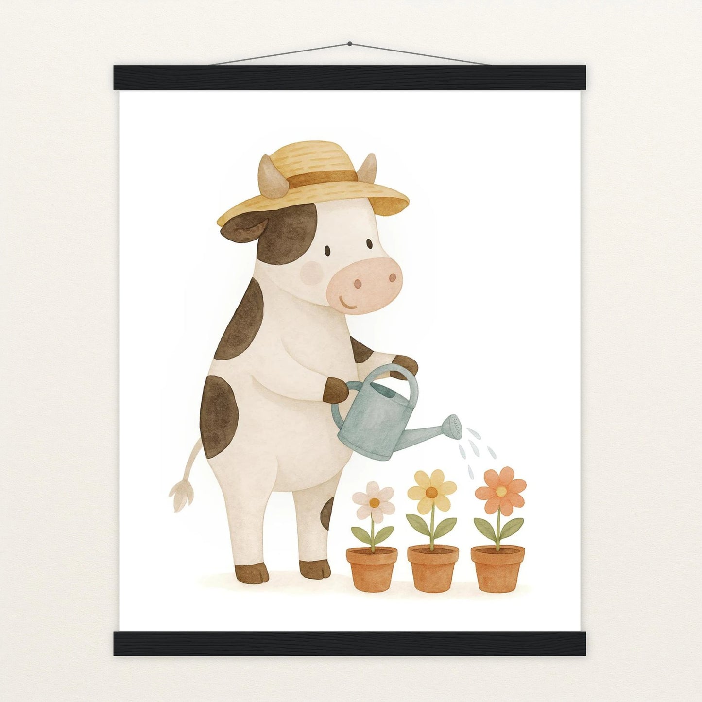 Klara die Kuh - Motiv: "Blumengießen" Poster mit Leisten von tinylearner