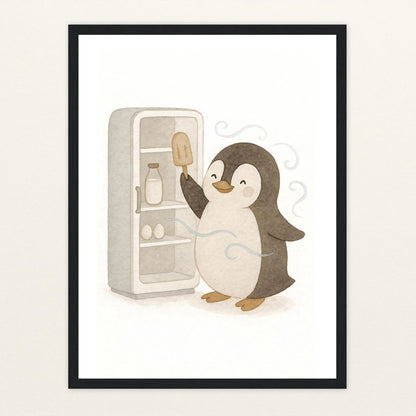 Pia der Pinguin - Motiv: "Eis" Poster mit Holzrahmen von tinylearner