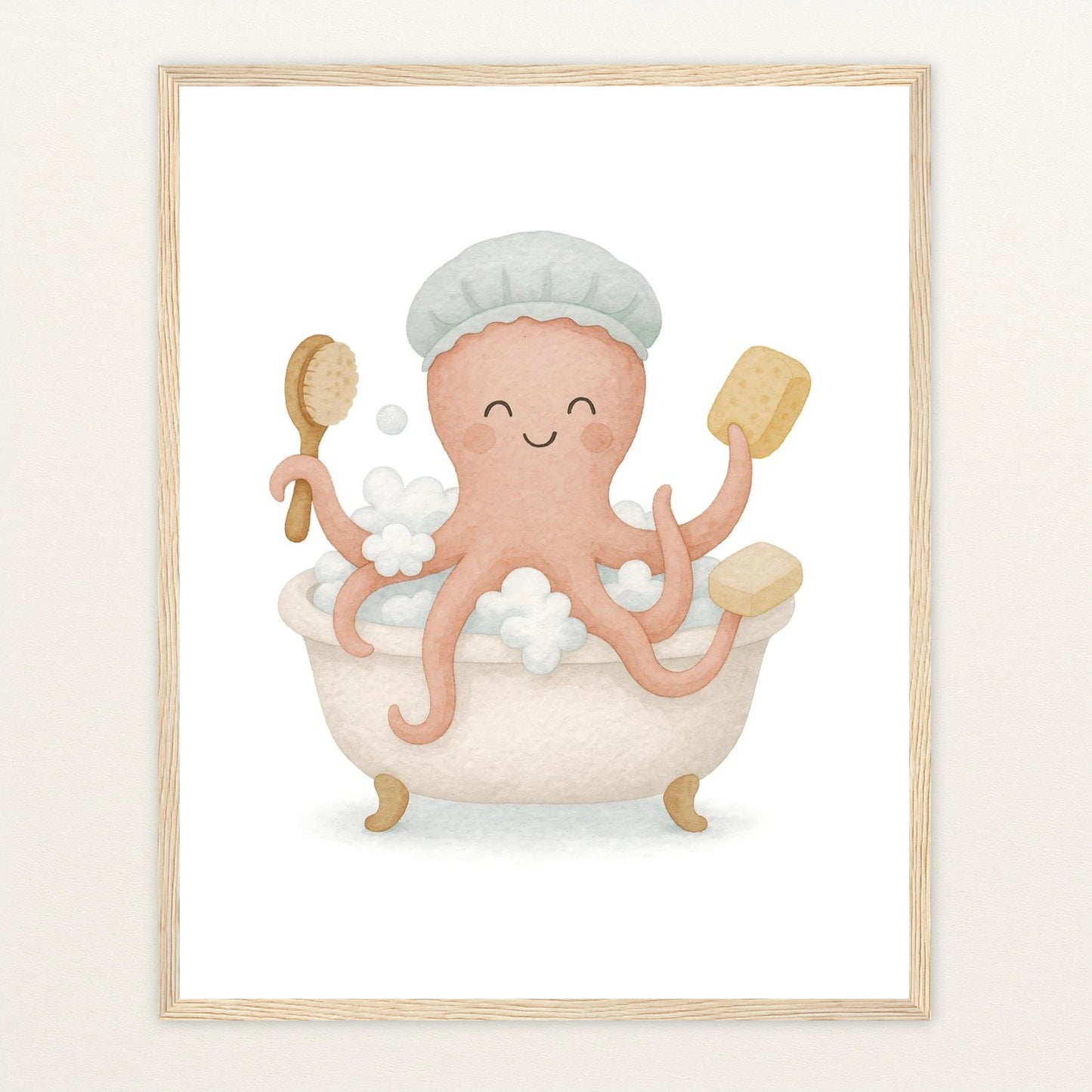 Tilli der Tintenfisch - Motiv: "Baden" Poster mit Holzrahmen von tinylearner