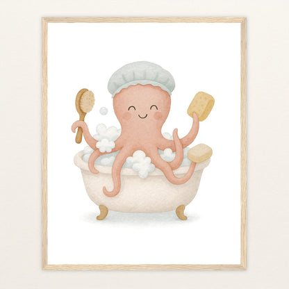 Tilli der Tintenfisch - Motiv: "Baden" Poster mit Holzrahmen von tinylearner