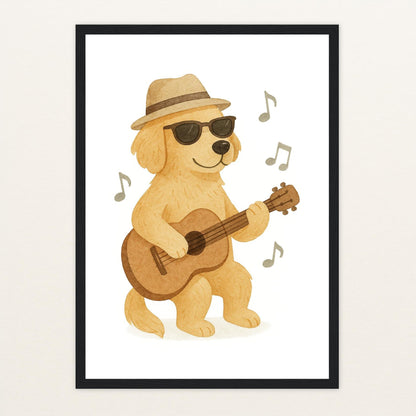 Hugo der Hund - Motiv: "Gitarre" Poster mit Holzrahmen von tinylearner