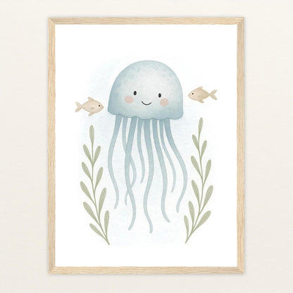 Quinn die Qualle Poster mit Holzrahmen von tinylearner