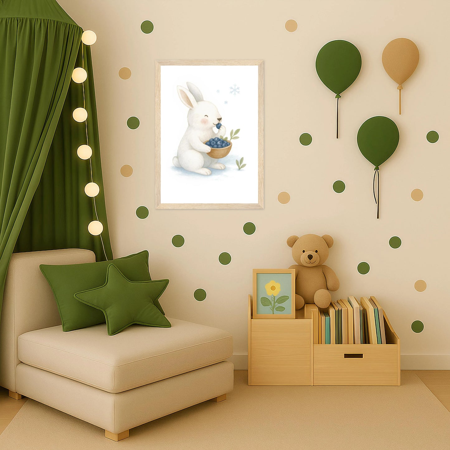 Sina der Schneehase - Motiv: "Blaubeeren" Poster mit Holzrahmen von tinylearner