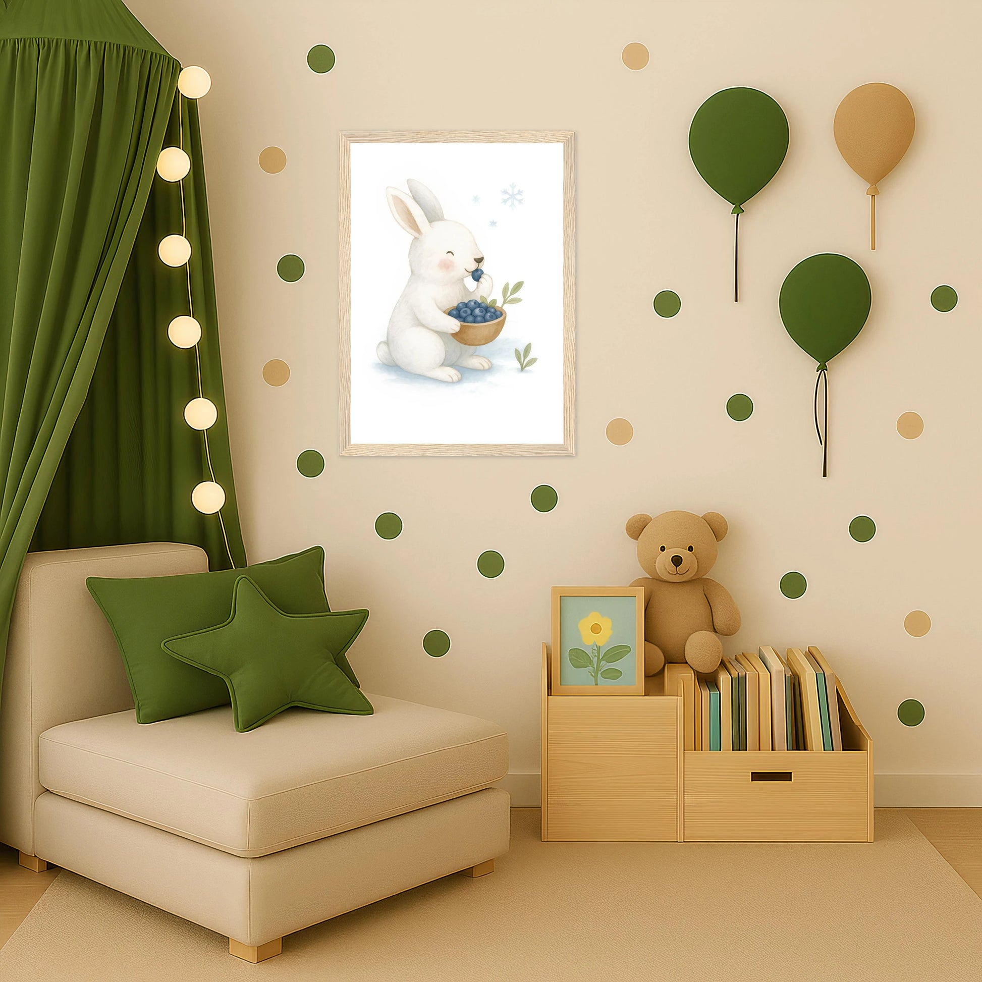 Sina der Schneehase - Motiv: "Blaubeeren" Poster mit Holzrahmen von tinylearner