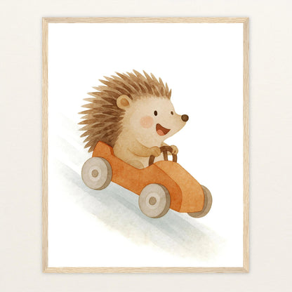 Iggi der Igel - Motiv: "Rennwagen" Poster mit Holzrahmen von tinylearner
