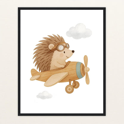Iggi der Igel - Motiv: "Flugzeug" Poster mit Holzrahmen von tinylearner