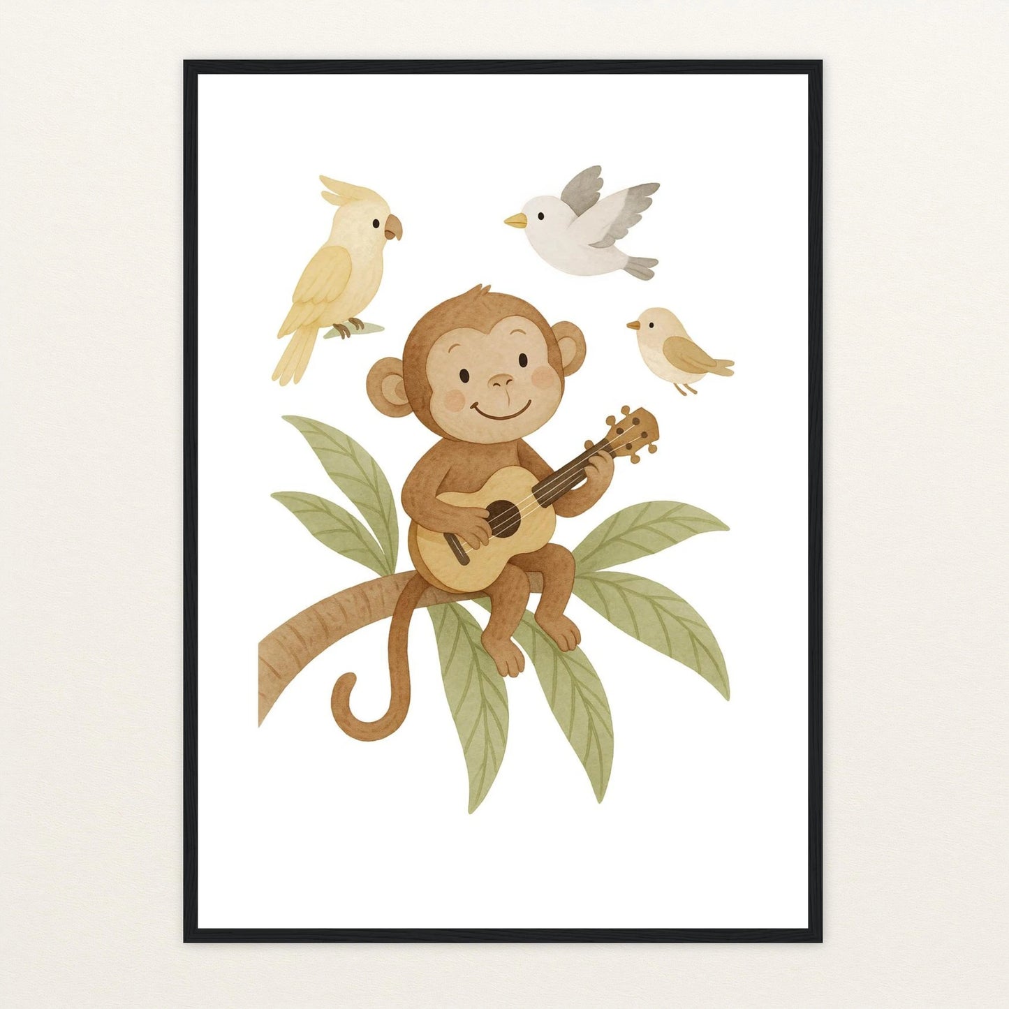 Aki der Affe - Motiv: "Ukulele" Poster mit Holzrahmen von tinylearner
