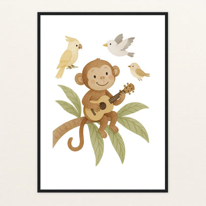 Aki der Affe - Motiv: "Ukulele" Poster mit Holzrahmen von tinylearner