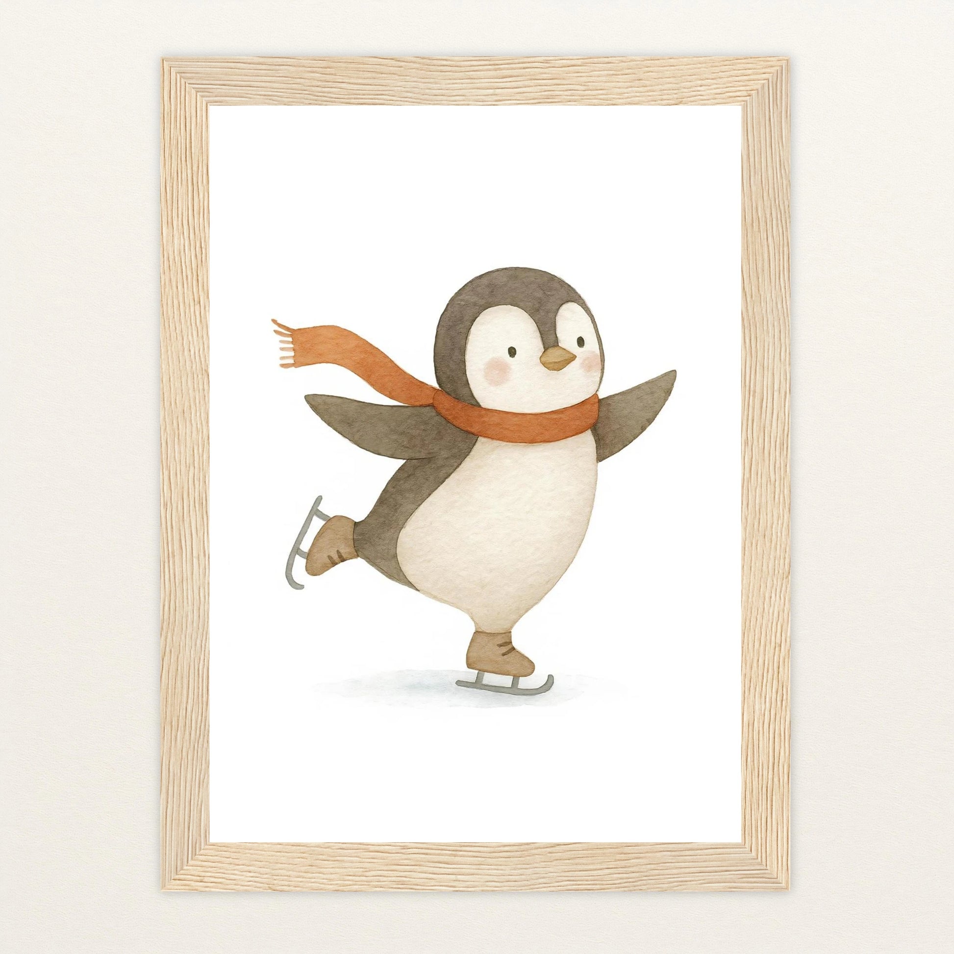 Pia der Pinguin - Motiv: "Eislaufen" Poster mit Holzrahmen von tinylearner