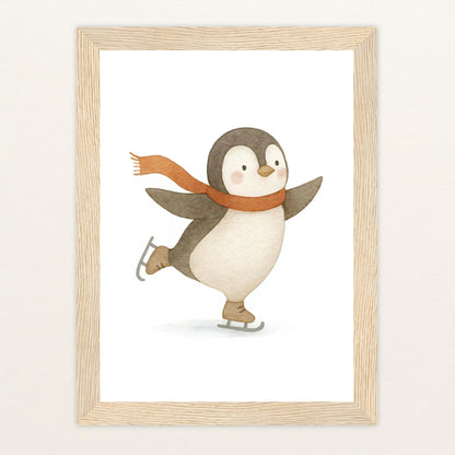 Pia der Pinguin - Motiv: "Eislaufen" Poster mit Holzrahmen von tinylearner