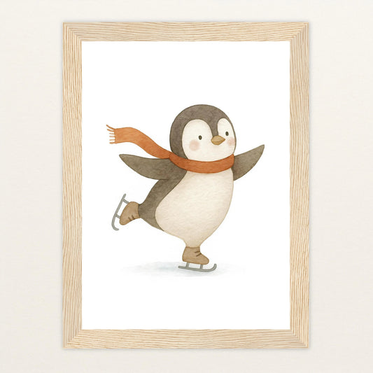 Pia der Pinguin - Motiv: "Eislaufen" Poster mit Holzrahmen von tinylearner