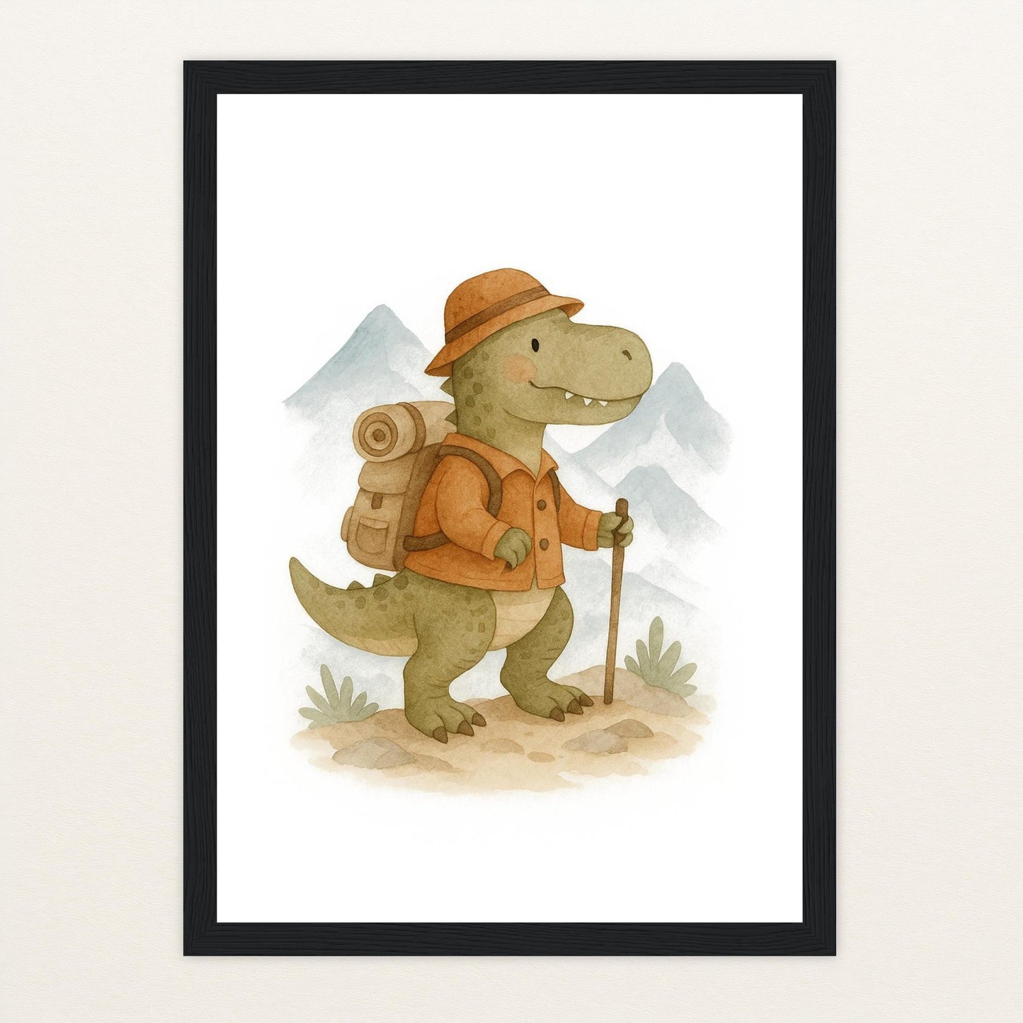 Dinosaurier T-Rex - Motiv: "Wandern" Poster mit Holzrahmen von tinylearner