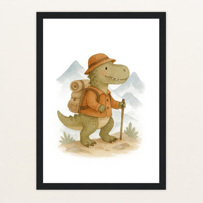 Dinosaurier T-Rex - Motiv: "Wandern" Poster mit Holzrahmen von tinylearner