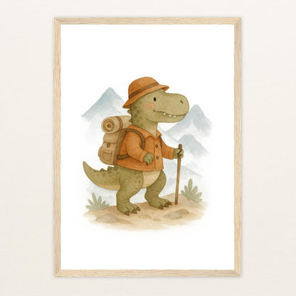 Dinosaurier T-Rex - Motiv: "Wandern" Poster mit Holzrahmen von tinylearner