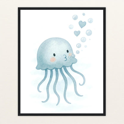Quinn die Qualle - Motiv: "Luftblasen" Poster mit Holzrahmen von tinylearner