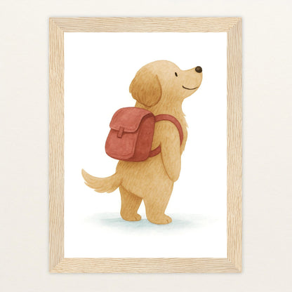 Hugo der Hund - Motiv: "Rucksack" Poster mit Holzrahmen von tinylearner