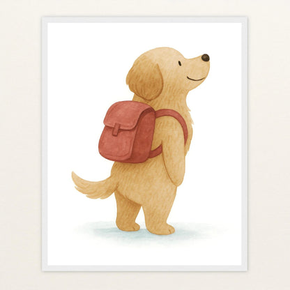 Hugo der Hund - Motiv: "Rucksack" Poster mit Holzrahmen von tinylearner