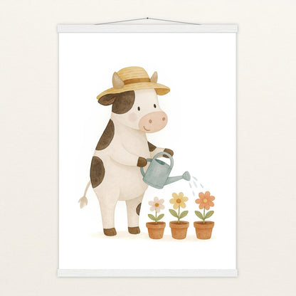 Klara die Kuh - Motiv: "Blumengießen" Poster mit Leisten von tinylearner