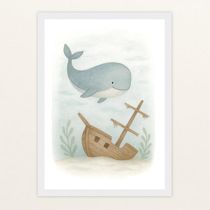 Willi der Wal - Motiv: "Schiffswrack" Poster mit Holzrahmen von tinylearner