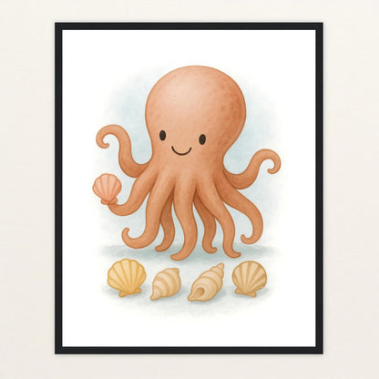 Tilli der Tintenfisch - Motiv: "Muscheln" Poster mit Holzrahmen von tinylearner