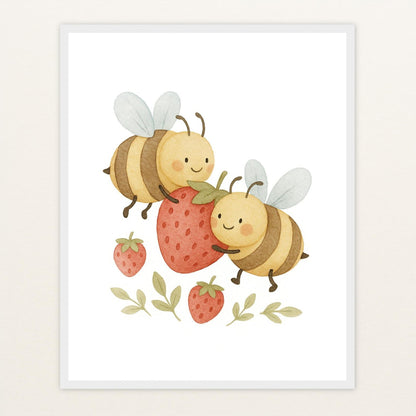 Bibi die Biene - Motiv: "Erdbeere" Poster mit Holzrahmen von tinylearner