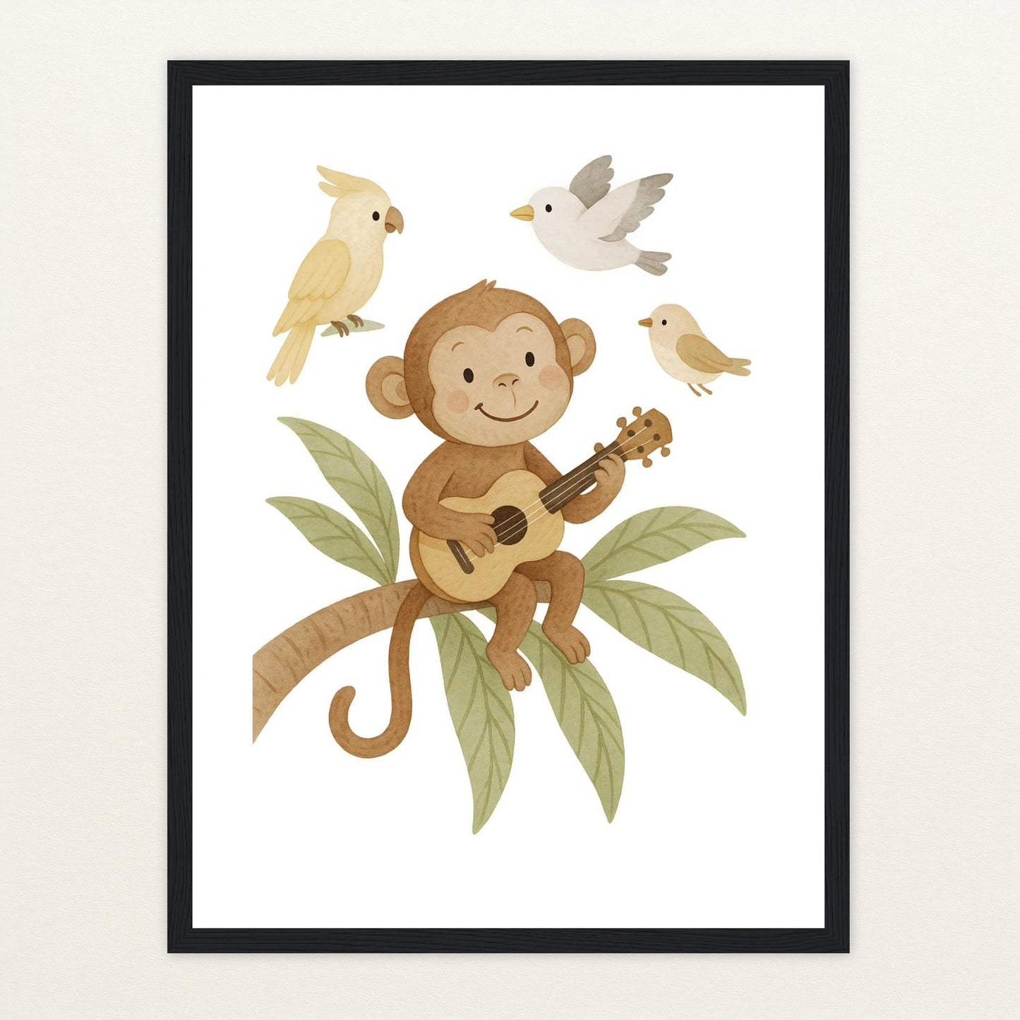 Aki der Affe - Motiv: "Ukulele" Poster mit Holzrahmen von tinylearner