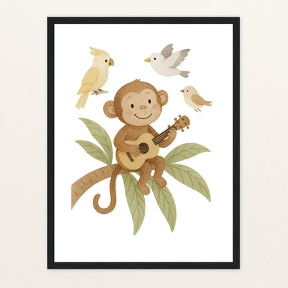 Aki der Affe - Motiv: "Ukulele" Poster mit Holzrahmen von tinylearner