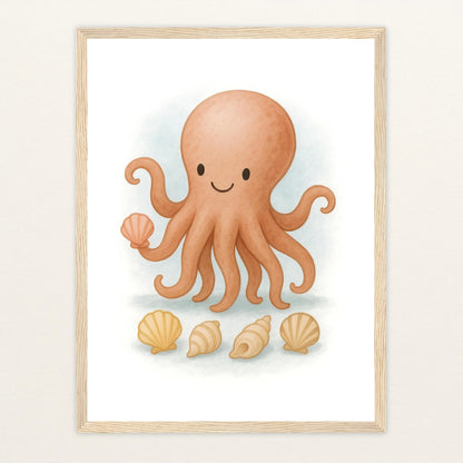 Tilli der Tintenfisch - Motiv: "Muscheln" Poster mit Holzrahmen von tinylearner