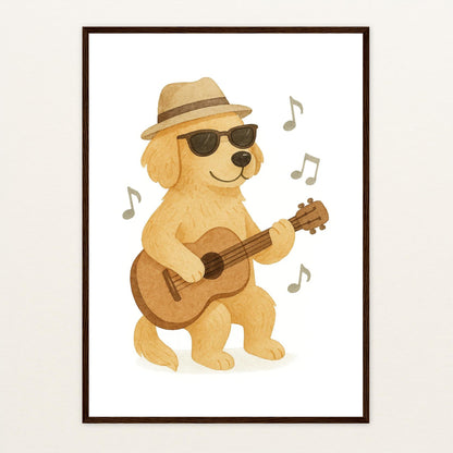 Hugo der Hund - Motiv: "Gitarre" Poster mit Holzrahmen von tinylearner
