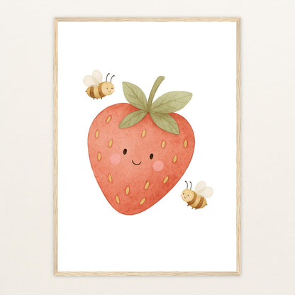 Obst: Erdbeere Poster mit Holzrahmen von tinylearner