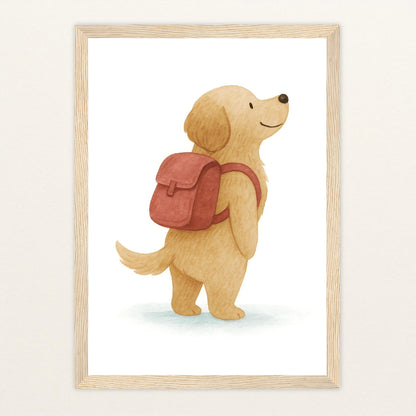 Hugo der Hund - Motiv: "Rucksack" Poster mit Holzrahmen von tinylearner