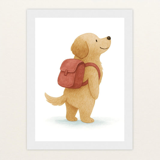 Hugo der Hund - Motiv: "Rucksack" Poster mit Holzrahmen von tinylearner