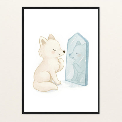 Pino der Polarfuchs - Motiv: "Spiegel" Poster mit Holzrahmen von tinylearner