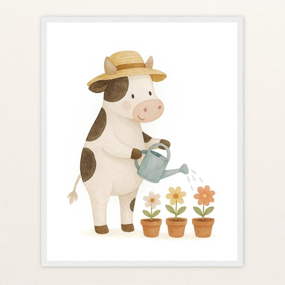 Klara die Kuh - Motiv: "Blumengießen" Poster mit Holzrahmen von tinylearner