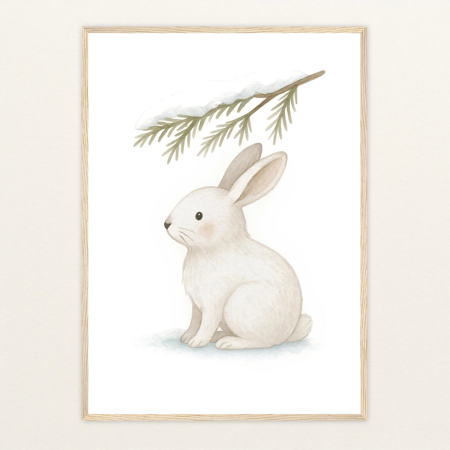 Sina der Schneehase - Motiv: "Nadelzweig" Poster mit Holzrahmen von tinylearner