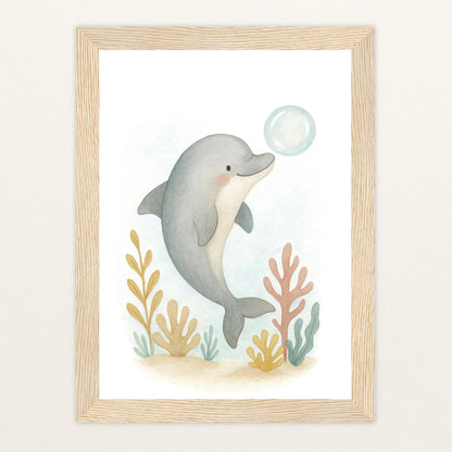 Dora der Delfin - Motiv: "Luftblase" Poster mit Holzrahmen von tinylearner