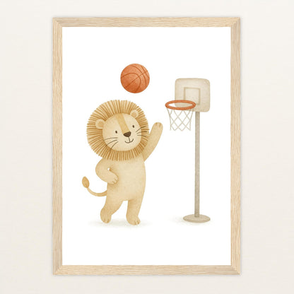 Leo der Löwe - Motiv: "Basketball" Poster mit Holzrahmen von tinylearner