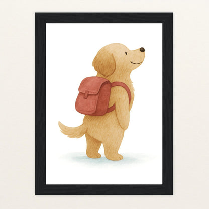 Hugo der Hund - Motiv: "Rucksack" Poster mit Holzrahmen von tinylearner