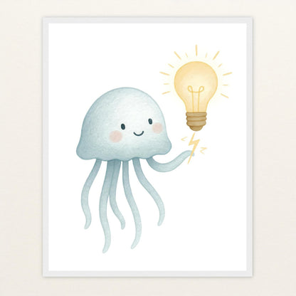 Quinn die Qualle - Motiv: "Glühbirne" Poster mit Holzrahmen von tinylearner