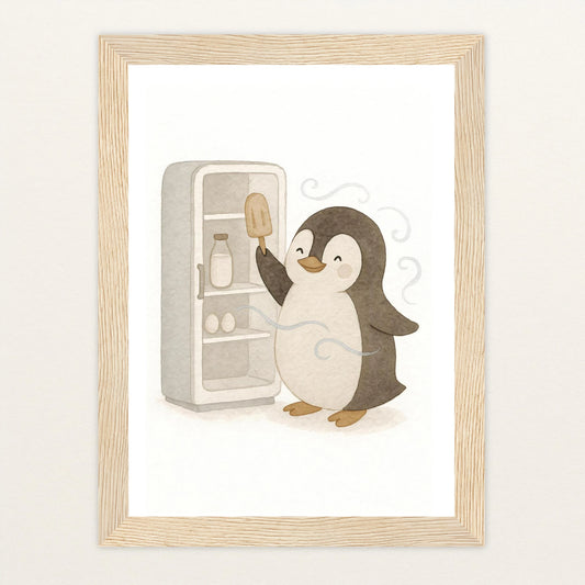 Pia der Pinguin - Motiv: "Eis" Poster mit Holzrahmen von tinylearner