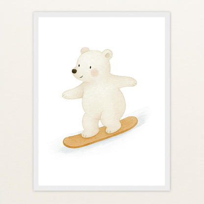Pummel der Polarbär - Motiv: "Snowboard" Poster mit Holzrahmen von tinylearner