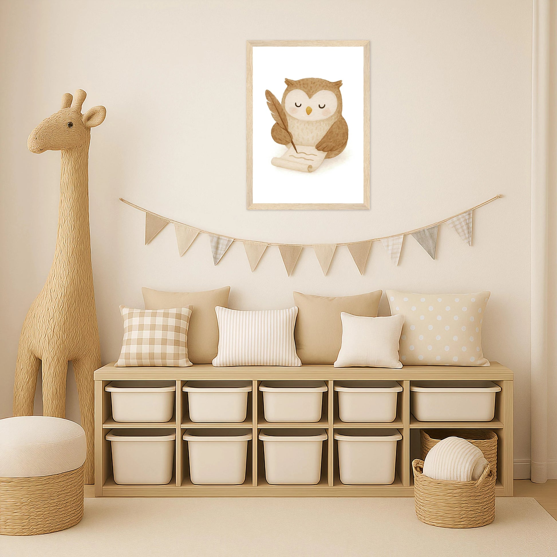 Emmi die Eule - Motiv: "Brief" Poster mit Holzrahmen von tinylearner