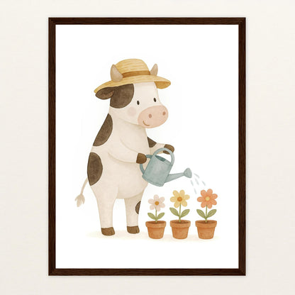 Klara die Kuh - Motiv: "Blumengießen" Poster mit Holzrahmen von tinylearner