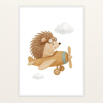 Iggi der Igel - Motiv: "Flugzeug" Poster mit Holzrahmen von tinylearner