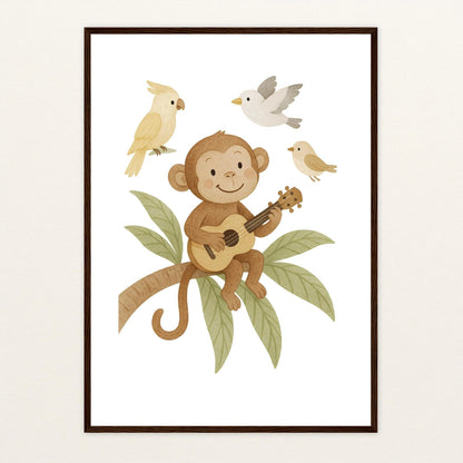 Aki der Affe - Motiv: "Ukulele" Poster mit Holzrahmen von tinylearner
