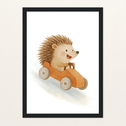Iggi der Igel - Motiv: "Rennwagen" Poster mit Holzrahmen von tinylearner