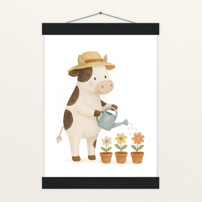 Klara die Kuh - Motiv: "Blumengießen" Poster mit Leisten von tinylearner