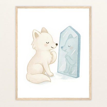 Pino der Polarfuchs - Motiv: "Spiegel" Poster mit Holzrahmen von tinylearner