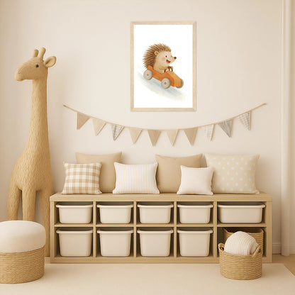 Iggi der Igel - Motiv: "Rennwagen" Poster mit Holzrahmen von tinylearner